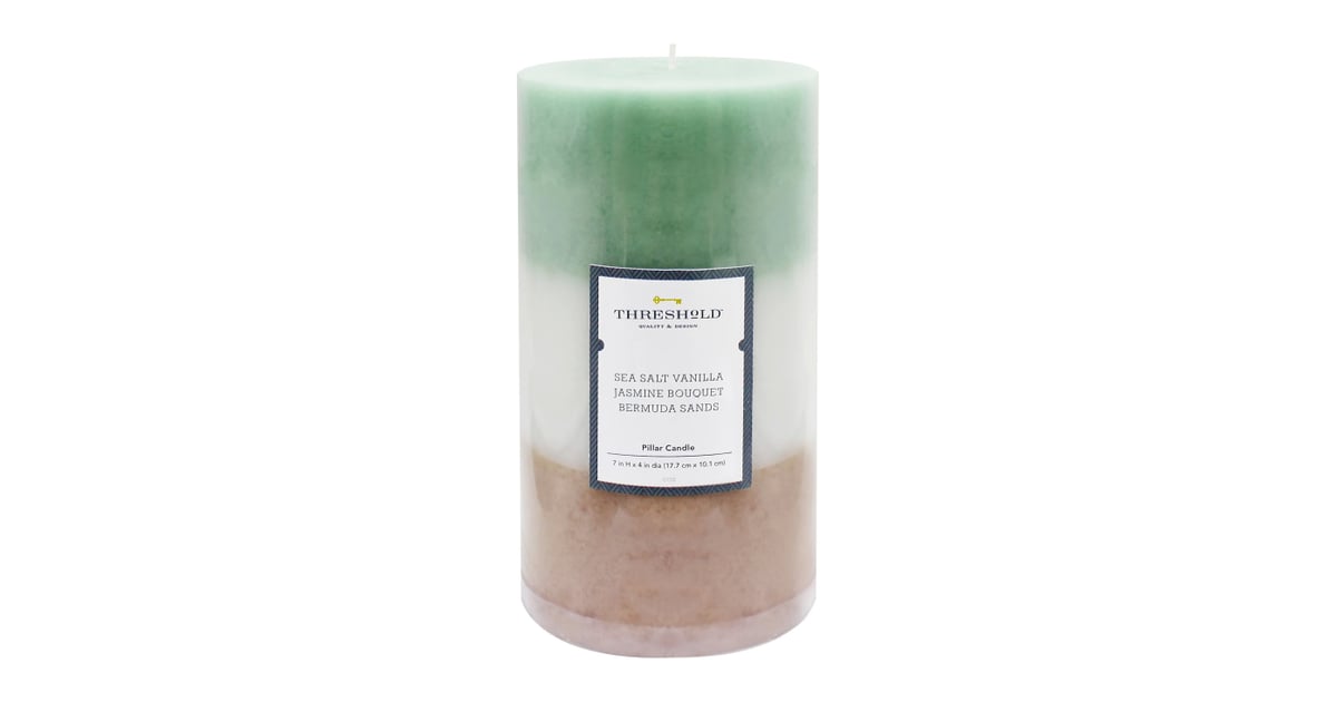 Layered Mottled Pillar Candle in Sea Salt Vanilla/Jasmine Bouquet/Bermuda Sands Best Candles