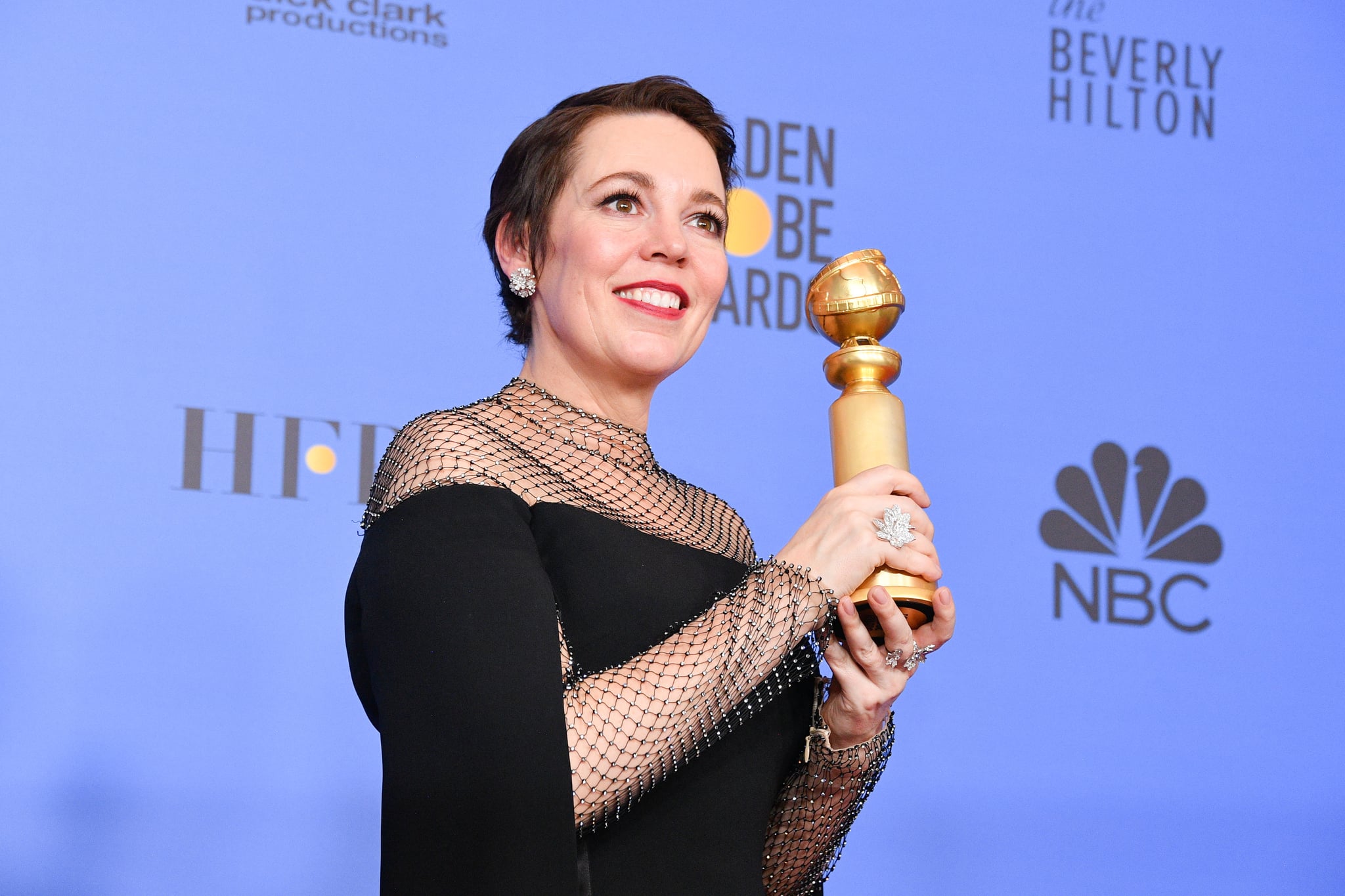 BEVERLY HILLS, CALIFORNIA - JANUARY 06: Best Actress in a Motion Picture Musical or Comedy for 'The Favourite' winner Olivia Colman poses in the press room during the 75th Annual Golden Globe Awards held at The Beverly Hilton Hotel on January 06, 2019 in Beverly Hills, California. (Photo by George Pimentel/WireImage,)