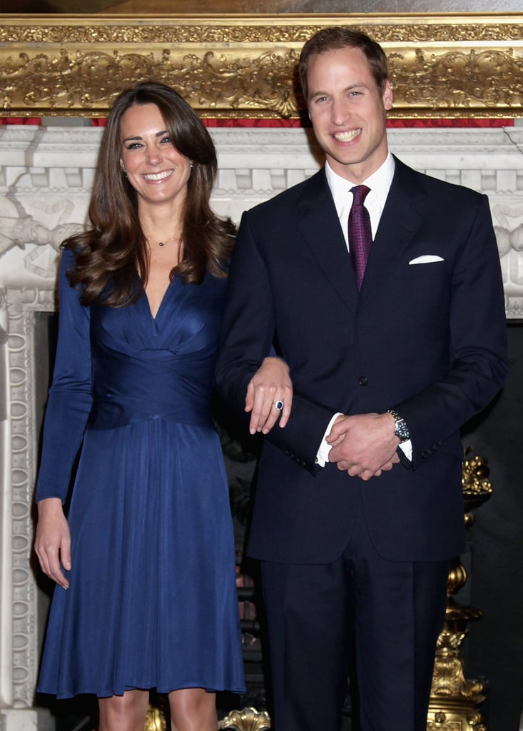 29 years later, Kate chose to show off Diana's sapphire with a blue silk jersey dress from Issa.