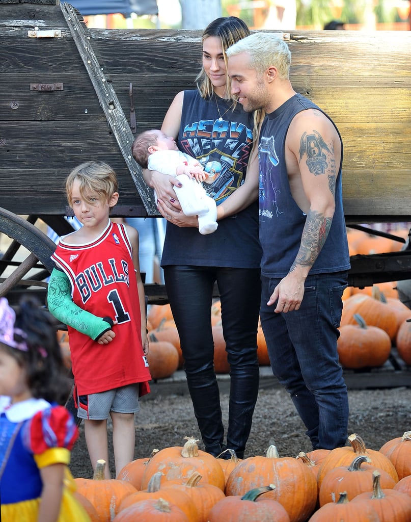 Pete Wentz and his girlfriend, Meagan Camper, took their new baby, Saint, and big brother Bronx to pick pumpkins in LA.