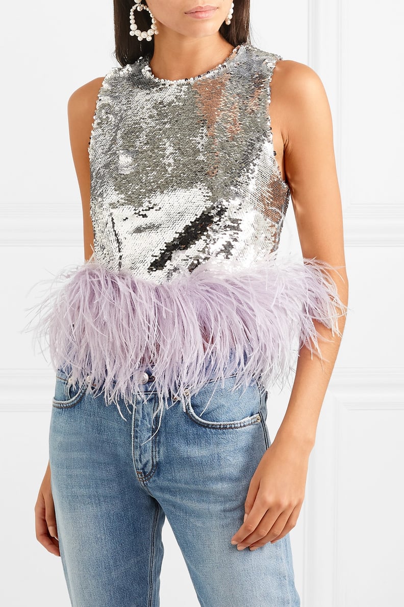 16Arlington Feather-Trimmed Sequined Tulle Top