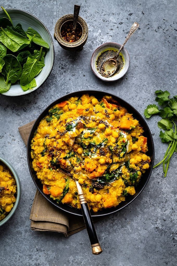 One-Pot Red Lentil, Squash, and Chickpea Dhal