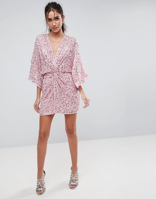 ASOS Design Scatter Sequin Knot Front Kimono Minidress