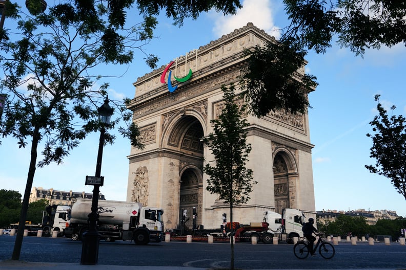 The Paralympic symbol, the Agitos, is seen on the Arc de Triomphe in Paris, France, June 28, 2024. (Photo by Xu Chang/Xinhua via Getty Images)