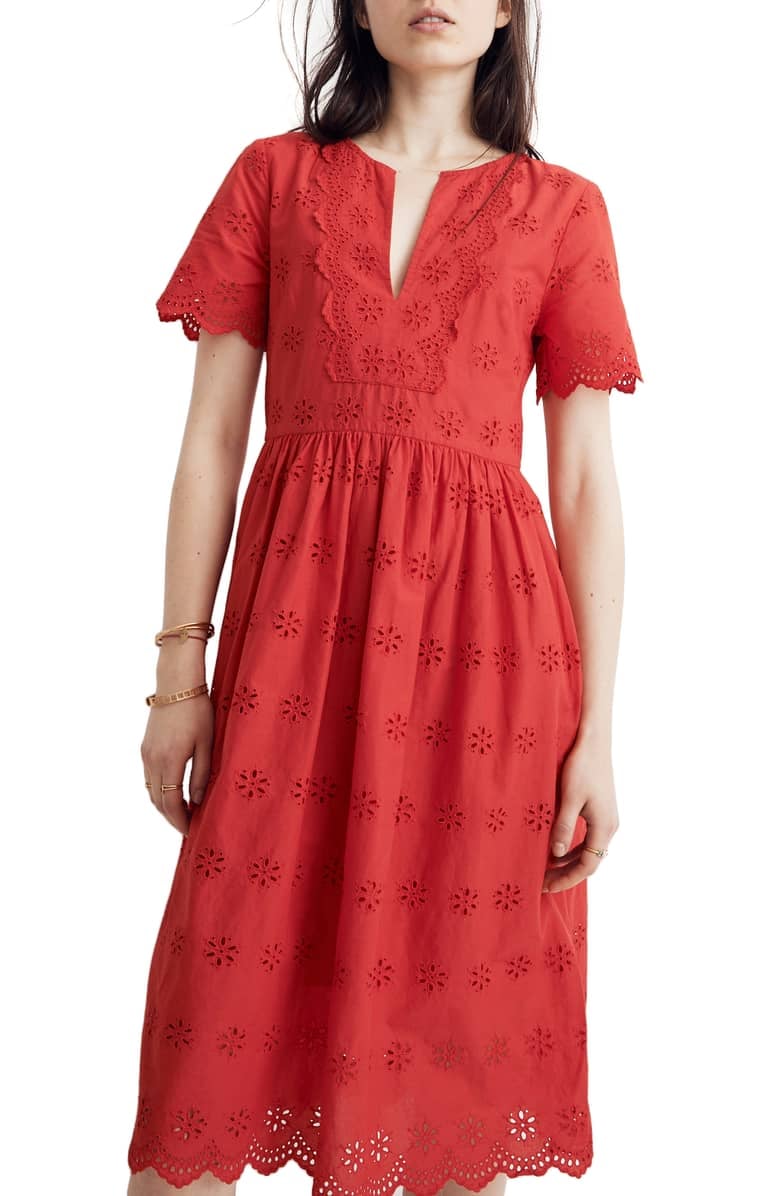 scalloped eyelet midi dress