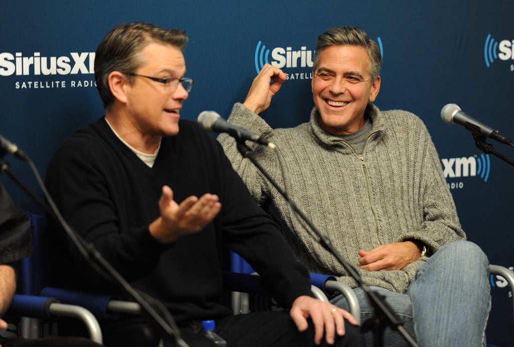 George Clooney and Matt Damon shared a laugh while promoting The Monuments Men at SiriusXM radio in NYC on Wednesday.