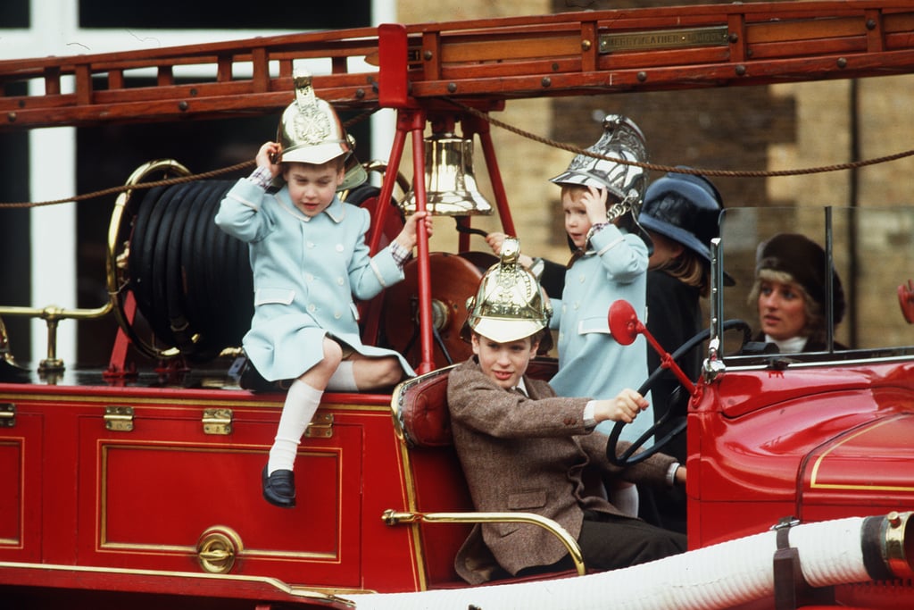 Prince William and Prince Harry played with their cousin Peter Phillips on a fire engine at Sandringham House in January 1988.