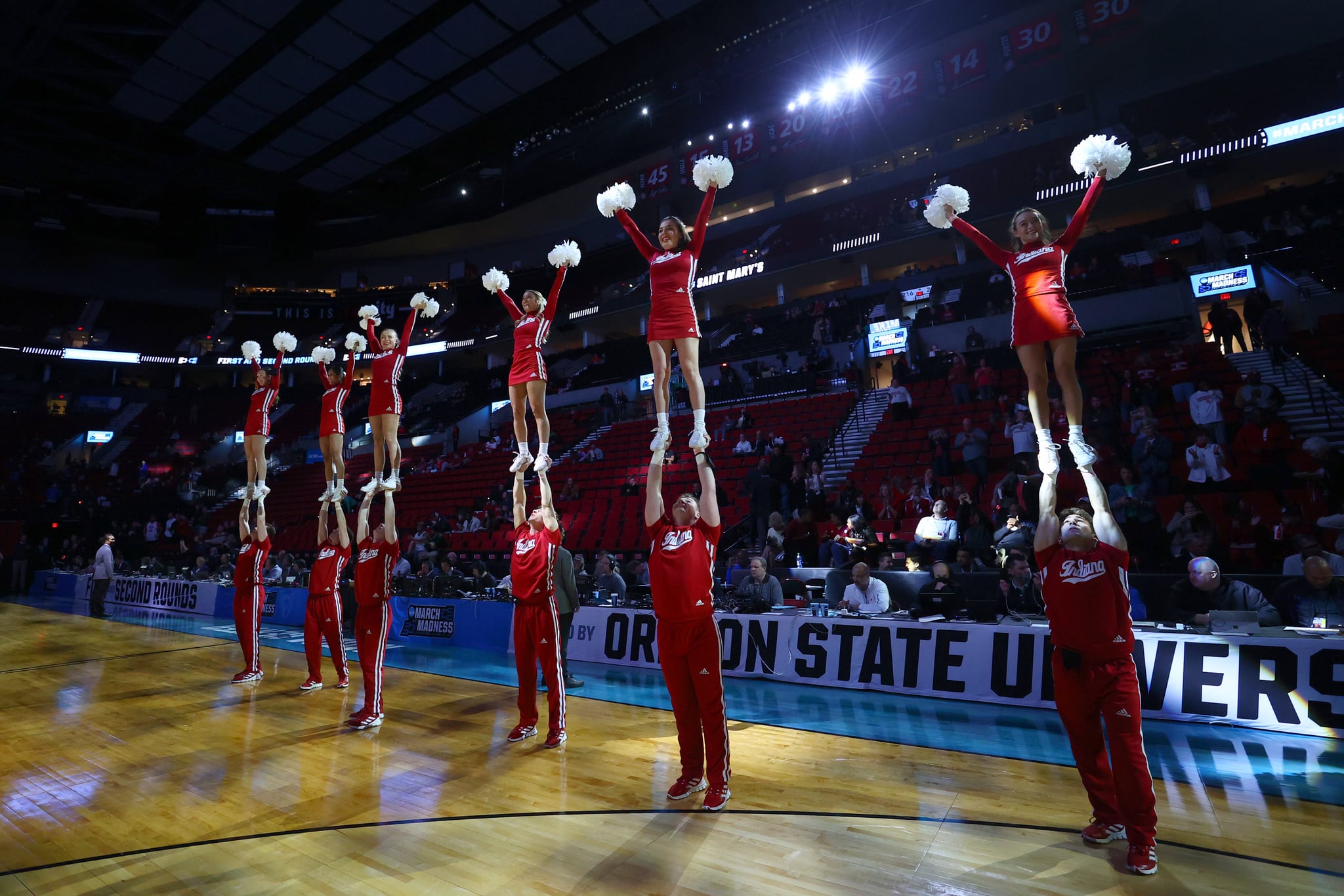 PORTLAND, OR - MARCH 17: The Indiana Hoosiers cheerleaders perform against the Saint Mary's Gaels during the first round of the 2022 NCAA Men's Basketball Tournament held at the Moda Centre on March 17, 2022 in Portland, Oregon. (Photo by Isaiah Vazquez/NCAA Photos via Getty Images)