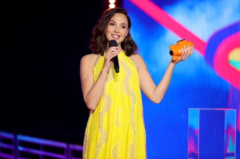 SANTA MONICA, CALIFORNIA - MARCH 13: In this image released on March 13, Gal Gadot speaks onstage during Nickelodeon's Kids' Choice Awards at Barker Hangar on March 13, 2021 in Santa Monica, California. (Photo by Rich Fury/KCA2021/Getty Images for Nickelo