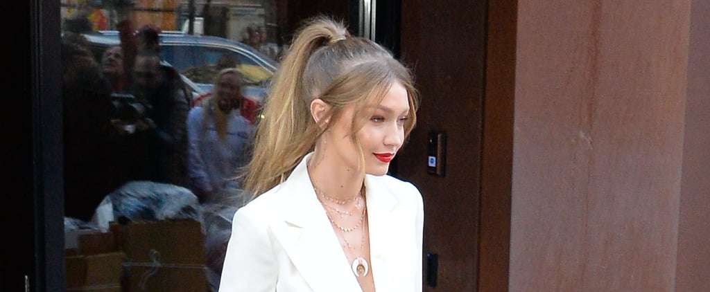 Gigi Hadid White Suit and Bear Bag