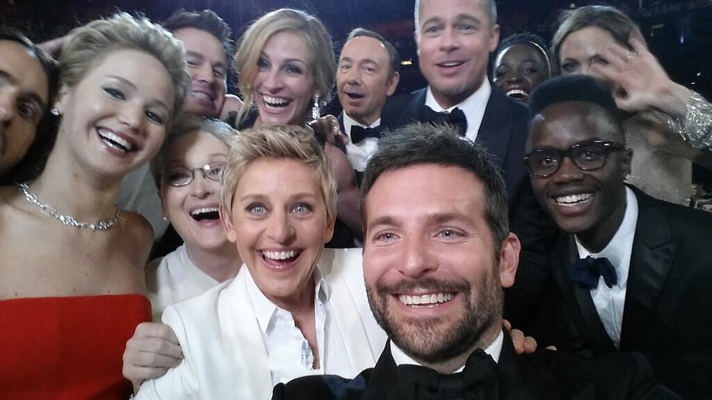Jennifer Lawrence, Bradley Cooper, Brad Pitt, Julia Roberts, Ellen DeGeneres, and more squeezed in for a selfie during the Oscars. 
Source: Twitter user TheEllenShow