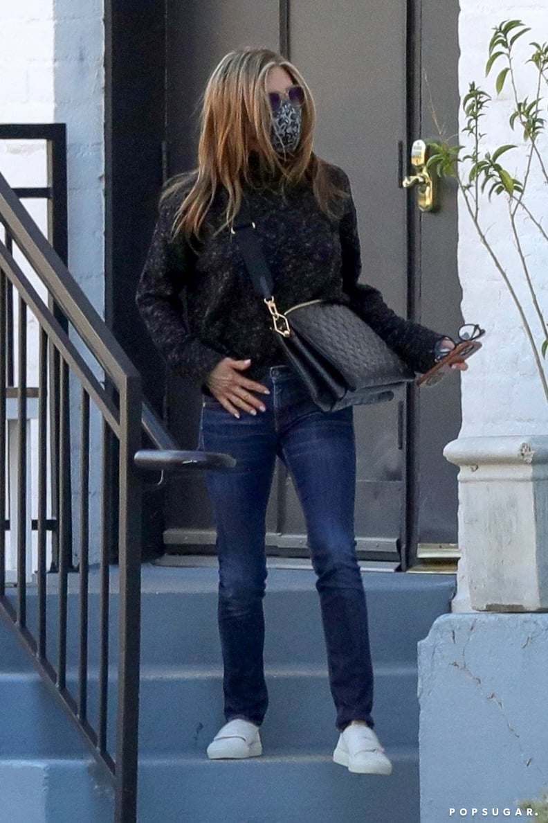 Jen's Lockdown Denim Went Best With a Cozy Sweater and White Velcro Sneakers