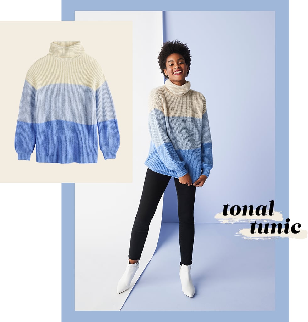 An ombré effect makes this chunky sweater extra eye-catching, while its length and thickness make it extra comfy. Let the soft colors pop by pairing it with dark colors. We love how black jeans up the contrast while white booties pull the look together and dress it up. Cozy yet refined, keep this outfit  in your back pocket when you need to look polished in a pinch.