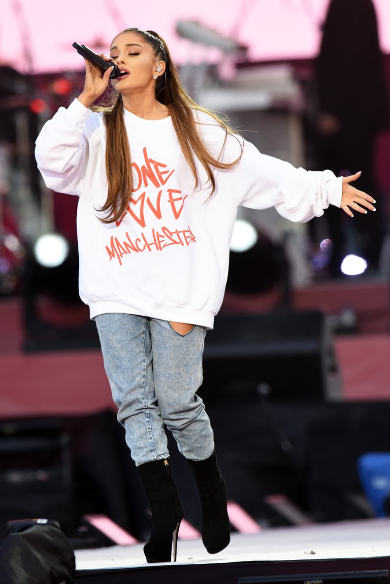 MANCHESTER, ENGLAND - JUNE 04:  NO SALES, free for editorial use. In this handout provided by 'One Love Manchester' benefit concert Ariana Grande performs on stage on June 4, 2017 in Manchester, England. Donate at www.redcross.org.uk/love  (Photo by Getty