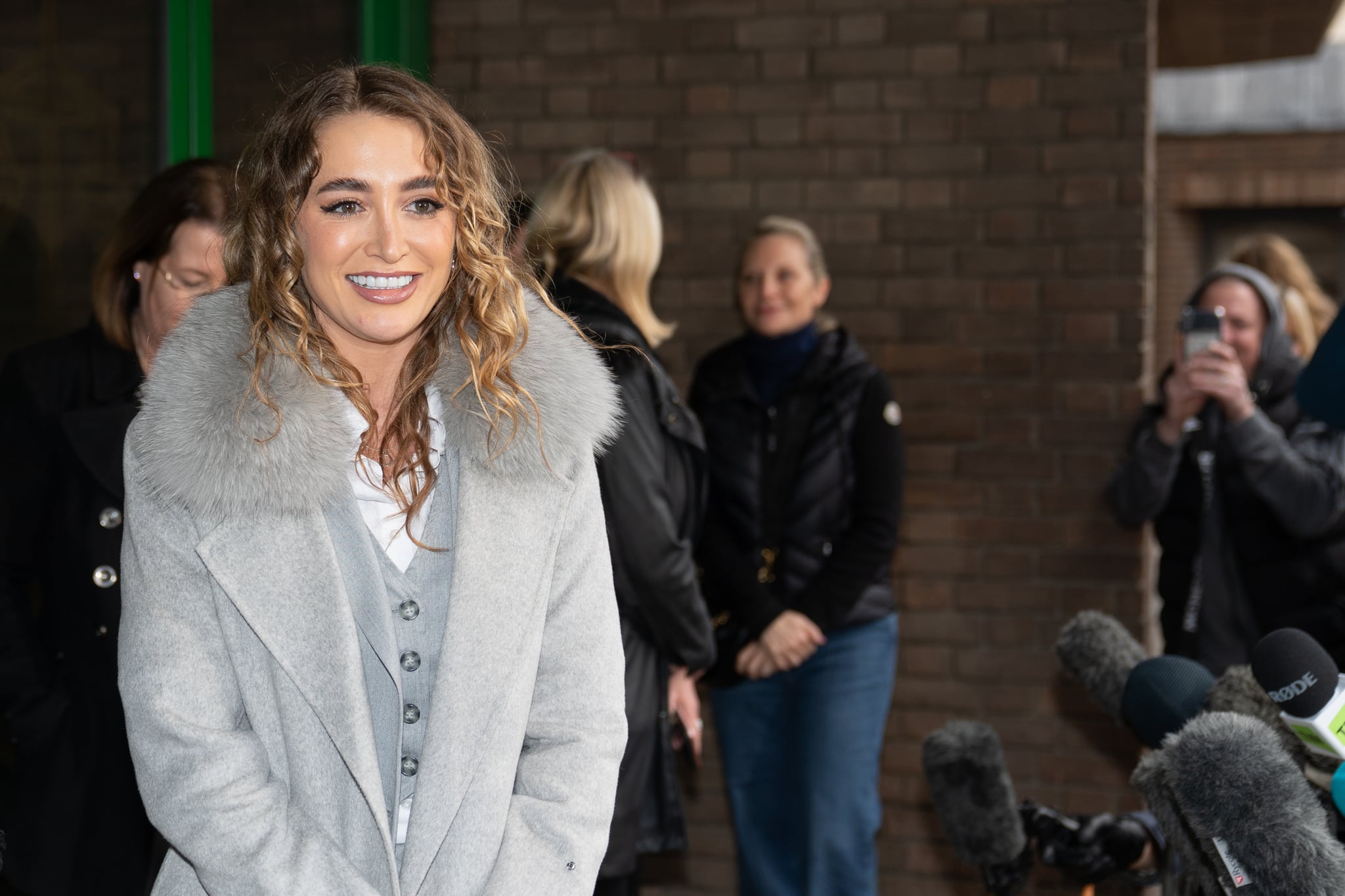 Georgia Harrison speaks to the media outside Chelmsford Crown Court after her former partner and reality TV star, Stephen Bear, was sentenced to 21 months in prison for sharing a private video of himself having sex with his Ms Harrison on his OnlyFans website. Picture date: Friday March 3, 2023. (Photo by Joe Giddens/PA Images via Getty Images)