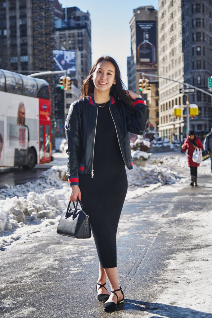 On Assistant Editor Marina Liao: Aritzia bomber, The Group by Babaton knit dress, Givenchy bag, and Zara flats
