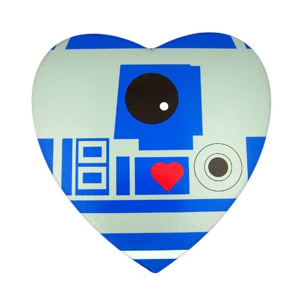 How geeky sweet is this R2D2 box ($10) filled with gummy heart candy? One for him, one for you.