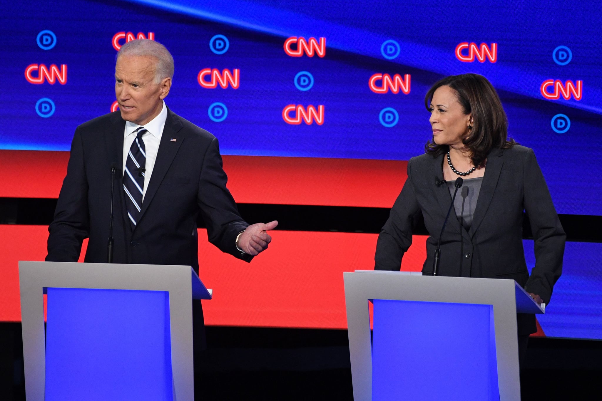 Democratic presidential hopeful US Senator from California Kamala Harris (R) looks on as Former Vice President Joe Biden speaks during the second round of the second Democratic primary debate of the 2020 presidential campaign season hosted by CNN at the Fox Theatre in Detroit, Michigan on July 31, 2019. (Photo by Jim WATSON / AFP) (Photo by JIM WATSON/AFP via Getty Images)