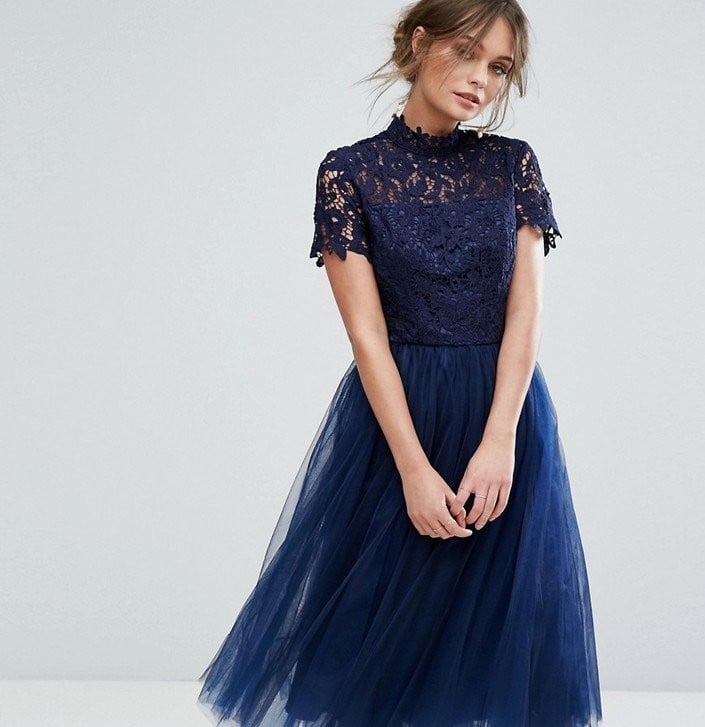High neck lace shop midi dress