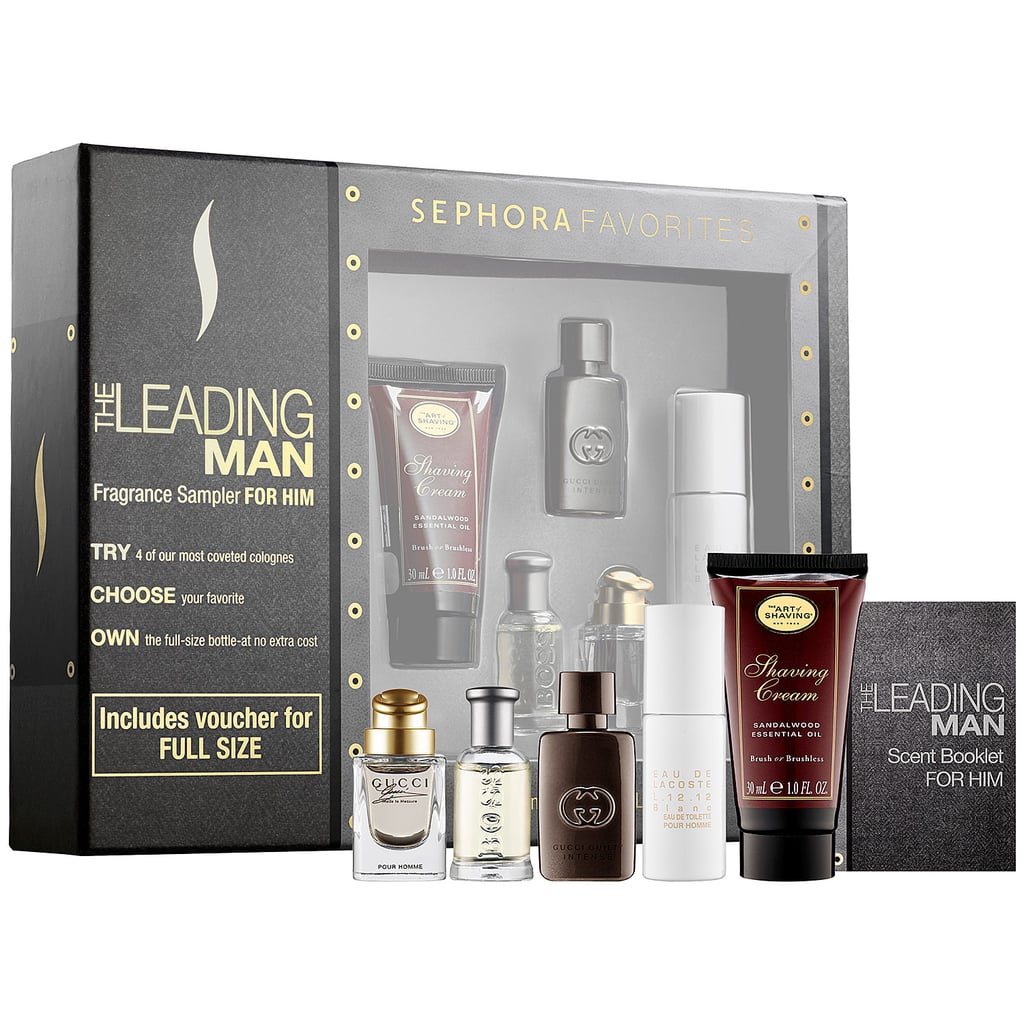 Many fragrance gift sets can come across as trite, but he'll think of this collection as his very own smell test (with some awesome travel bottles to take on his next trip). This quartet includes deluxe samples of yummy colognes like Gucci Guilty Intense Pour Homme and Lacoste Eau de Lacoste that he can wear and experience before committing to his next signature scent. Once he finds a favorite, a voucher tucked inside the box will allow him to go pick up the full-size version for free. There's also a mini Art of Shaving Sandalwood Essential Oil Shaving Cream to keep his skin looking as fresh as his new cologne smells.
Sephora Favorites The Leading Man Fragrance Sampler For Him ($55)