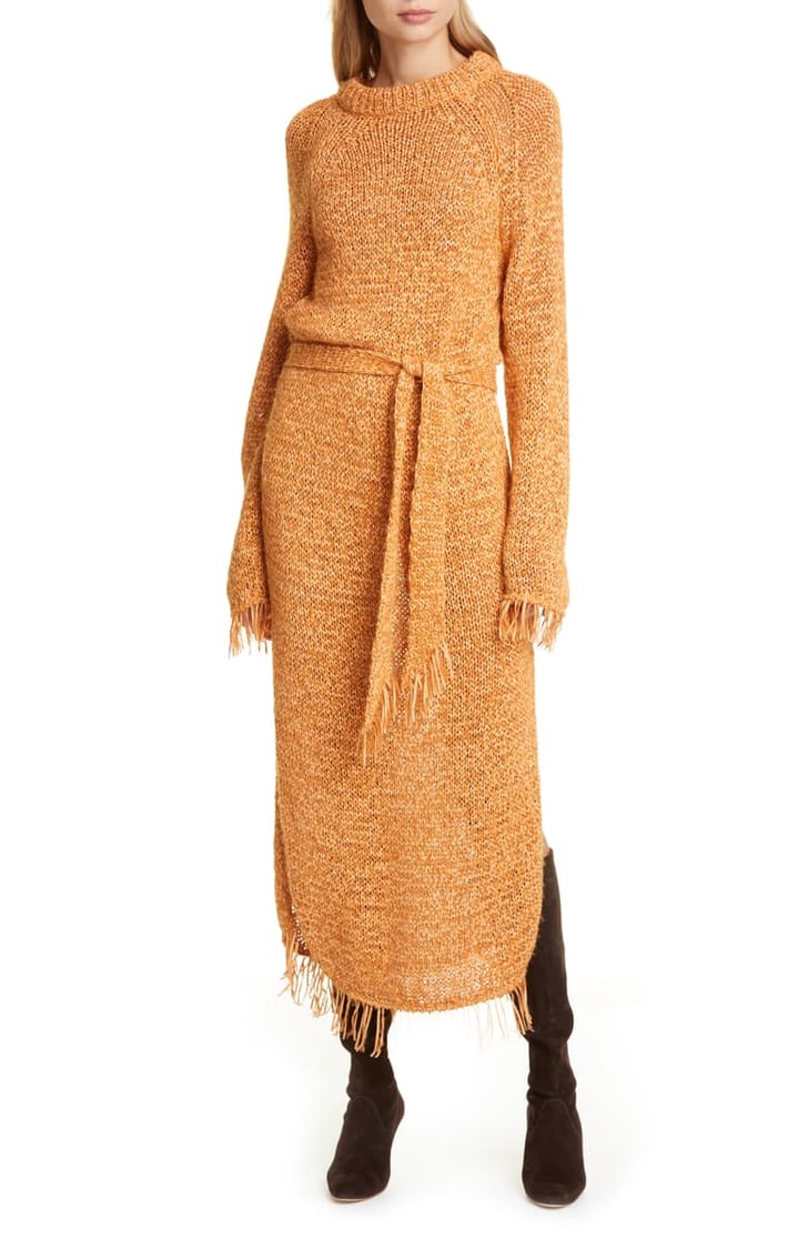 Nanushka Kaiza Belted Long Sleeve Fringe Sweater Dress | The Best Sweater Dresses to Keep You 