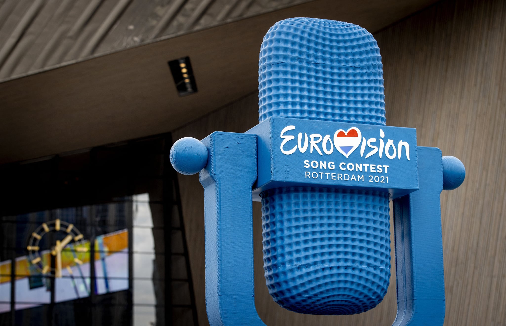 A four-metre high 3D-printed Eurovision trophy made from recycled PET material from the Rotterdam waters, is displayed at the Central Station, ahead of the Eurovision Song Contest 2021 in Rotterdam, the Netherlands, on May 7, 2021. - The trophy will be auctioned after the Eurovision Song Contest.  - Netherlands OUT (Photo by Sem van der Wal / ANP / AFP) / Netherlands OUT (Photo by SEM VAN DER WAL/ANP/AFP via Getty Images)