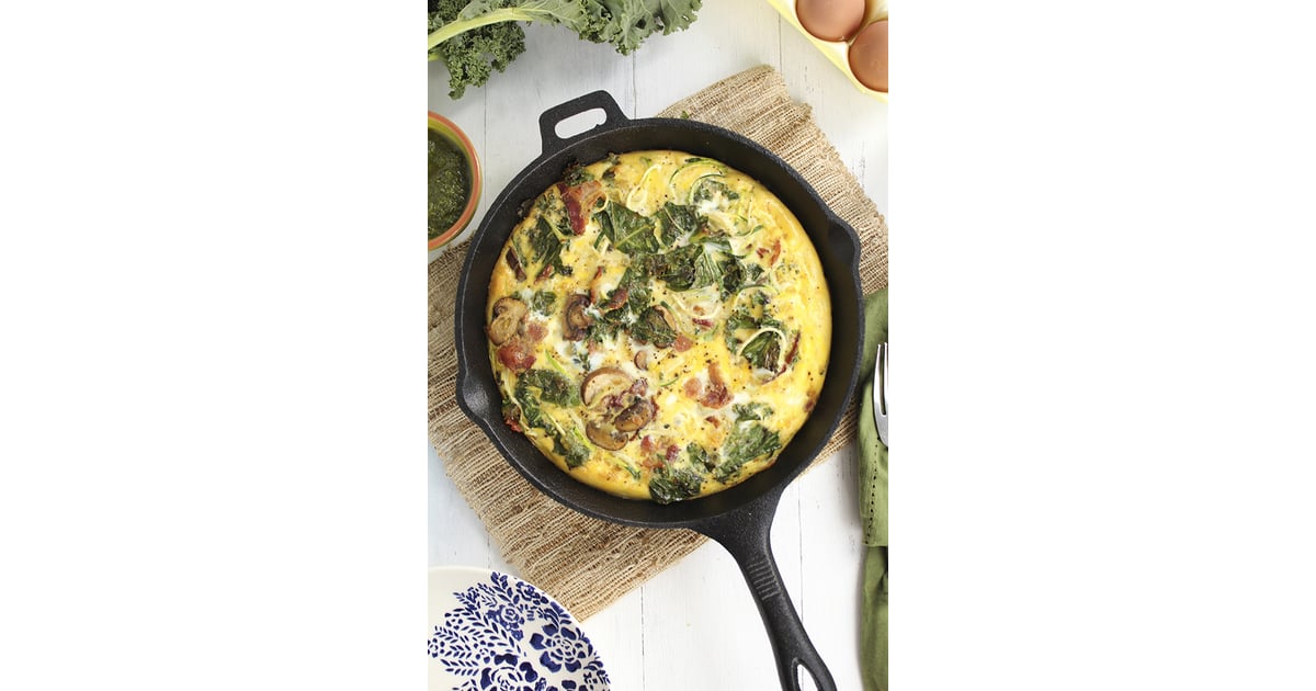 Pesto, Bacon, and Zucchini Noodle Frittata With Mushrooms and Kale