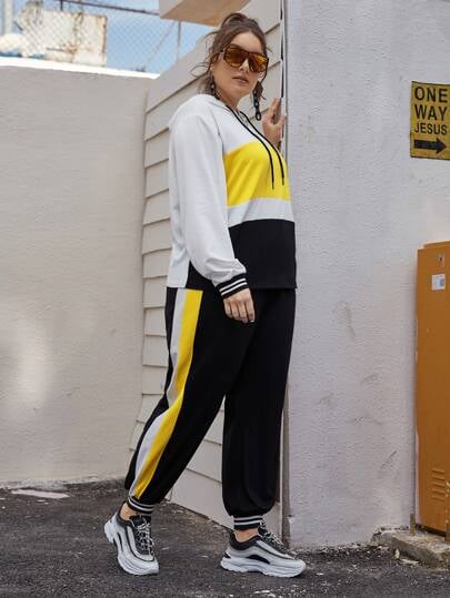 Shein Plus Color Block Zipper Drawstring Hoodie & Sweatpants Set