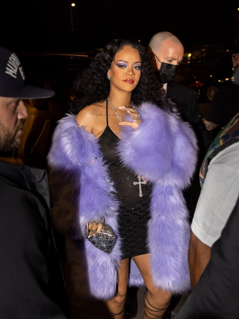 Rihanna Wearing a Purple Gucci Fur Coat and Crystal-Embellished Dress