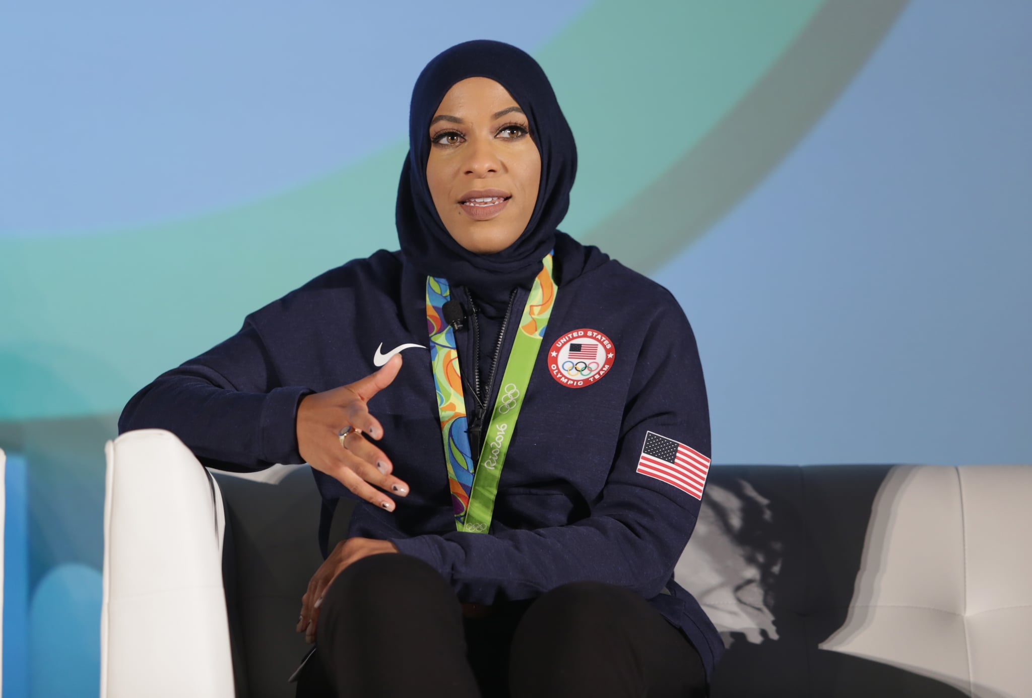 LOS ANGELES, CA - OCTOBER 27:  Olympian Ibtihaj Muhammad speaks at the 5th Annual LA84 Foundation Summit on October 27, 2016 in Los Angeles, California.  (Photo by Jerritt Clark/Getty Images for LA84 Foundation)
