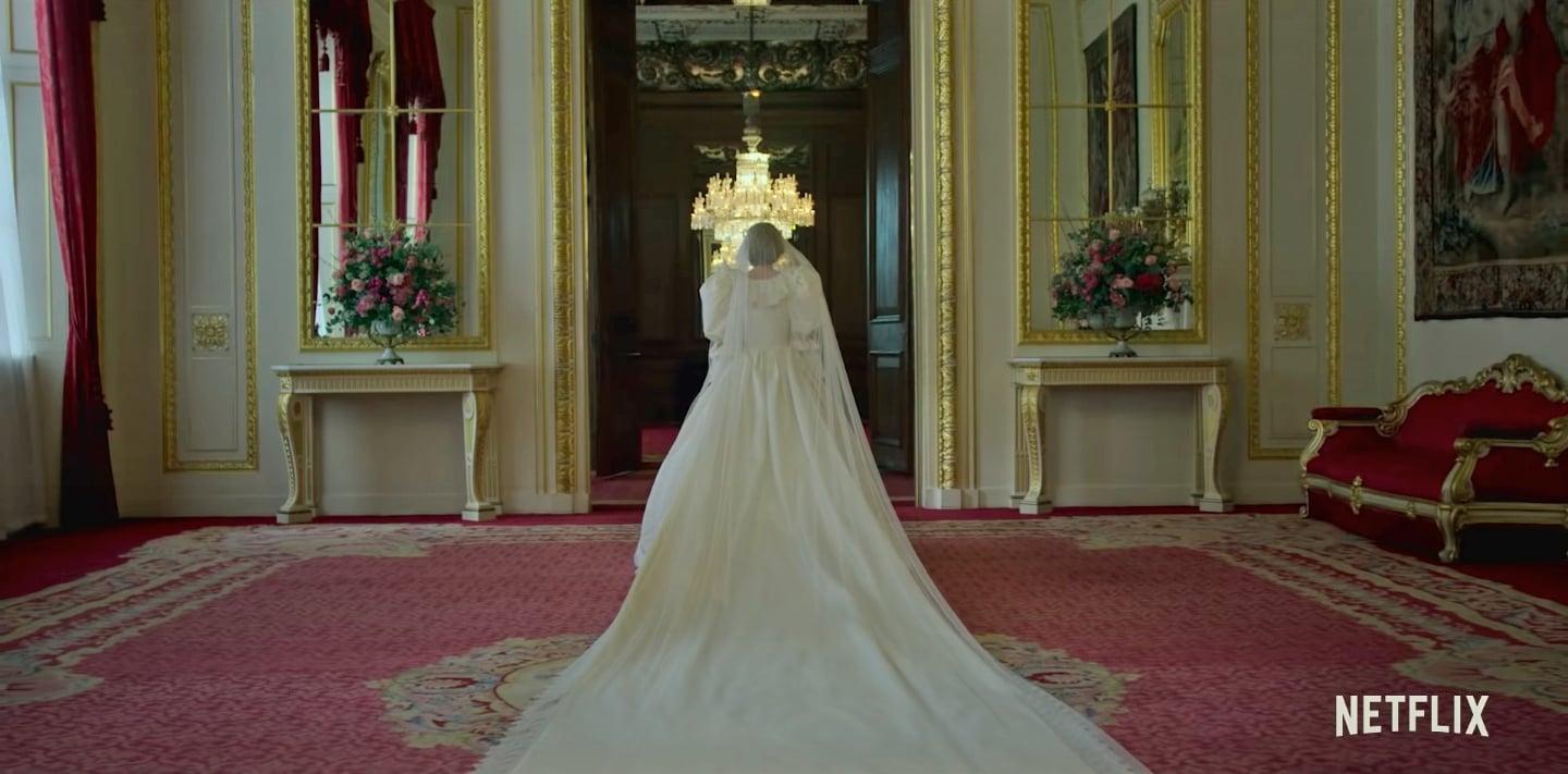 How The Crown S Costume Designer Made Diana S Wedding Dress Popsugar Fashion
