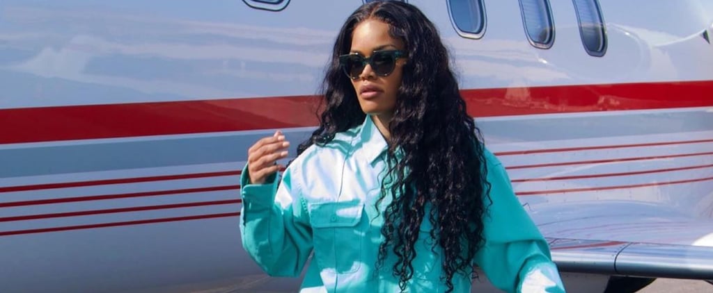 Teyana Taylor Wears Blue 2-Piece Set With Red Chanel Luggage