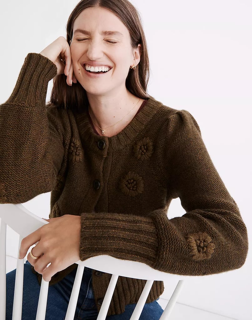 A Textured Top: Embroidered Edencroft Pleat-Sleeve Cardigan Sweater