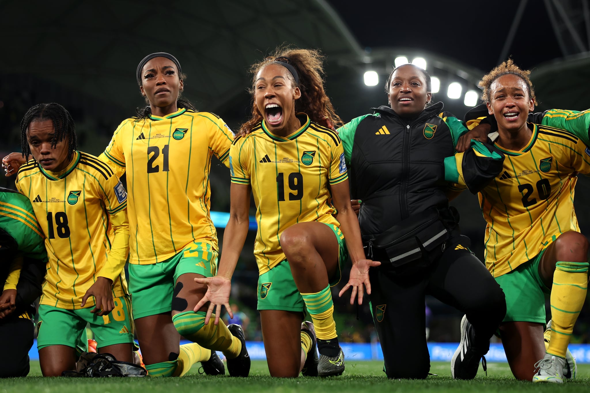 MELBOURNE, AUSTRALIA - AUGUST 02: Tiernny Wiltshire of Jamaica celebrates victory during the FIFA Women's World Cup Australia & New Zealand 2023 Group F match between Jamaica and Brazil at Melbourne Rectangular Stadium on August 02, 2023 in Melbourne / Naarm, Australia. (Photo by Alex Pantling - FIFA/FIFA via Getty Images)