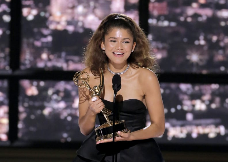 LOS ANGELES, CALIFORNIA - SEPTEMBER 12: 74th ANNUAL PRIMETIME EMMY AWARDS -- Pictured: Zendaya accepts the Outstanding Lead Actress in a Drama Series award for 
