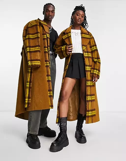 Collusion Unisex Longline Faux Wool Spliced Check Coat