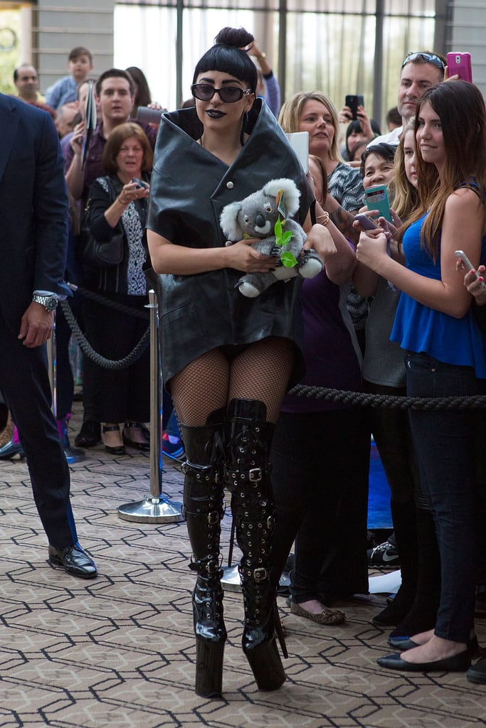 Lady Gaga received a stuffed panda toy from a fan   in Perth, Australia, on Sunday.