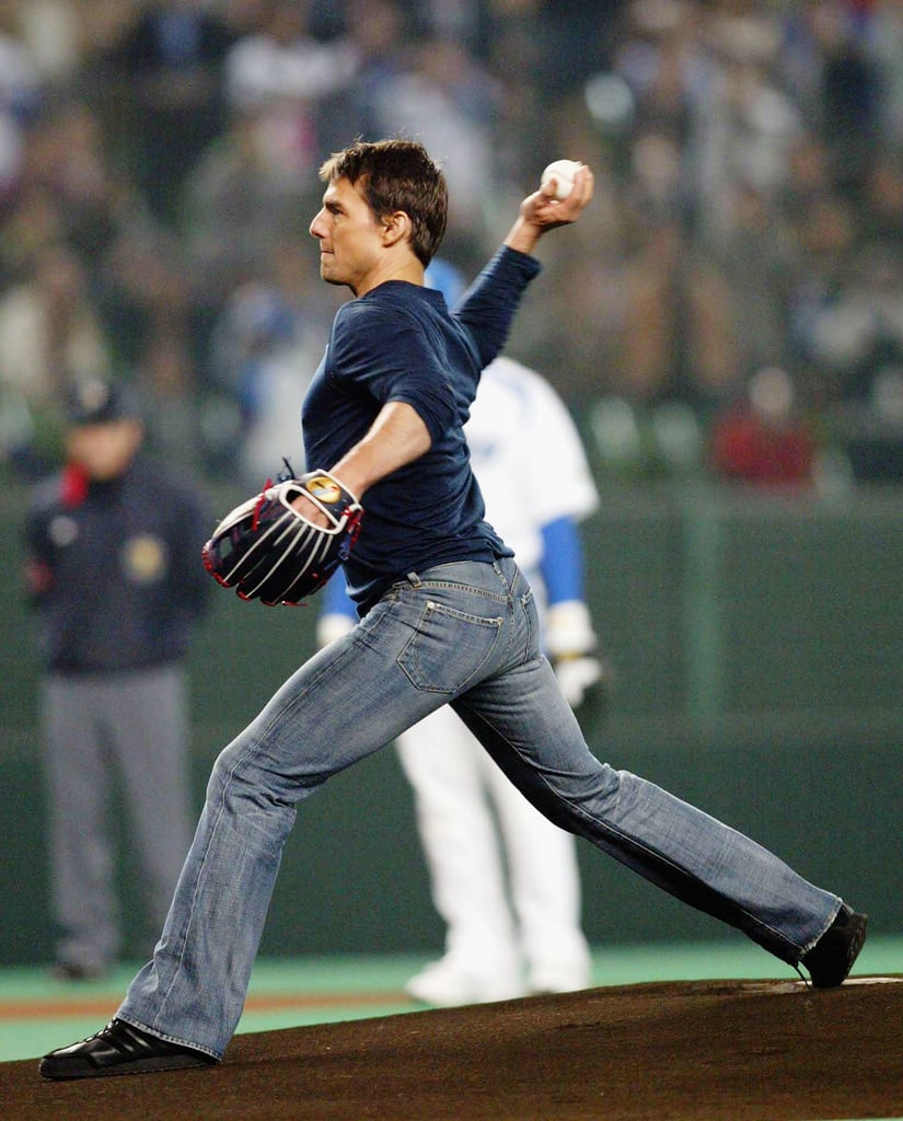 Tom Cruise gave the first pitch a whirl for a baseball game in Japan back in October 2004.