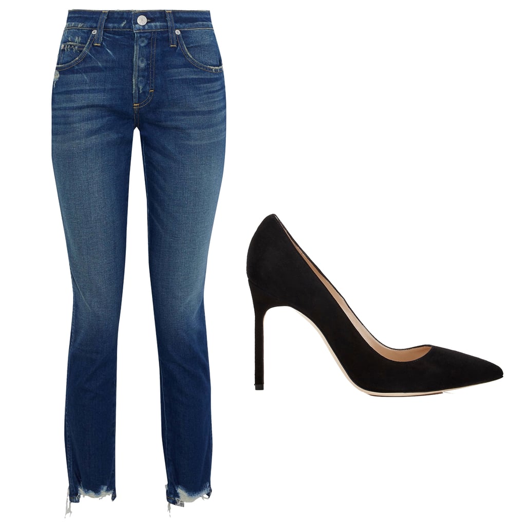 AMO Lover Distressed Mid-Rise Slim-Leg Jeans ($139)
Manolo Blahnik BB Pumps ($665)