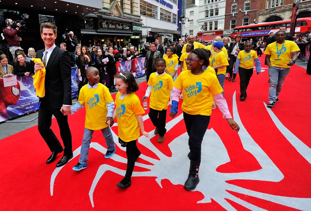 Andrew led the way for a group of London kids at the UK premiere of the Amazing Spider-Man 2 in April 2014.