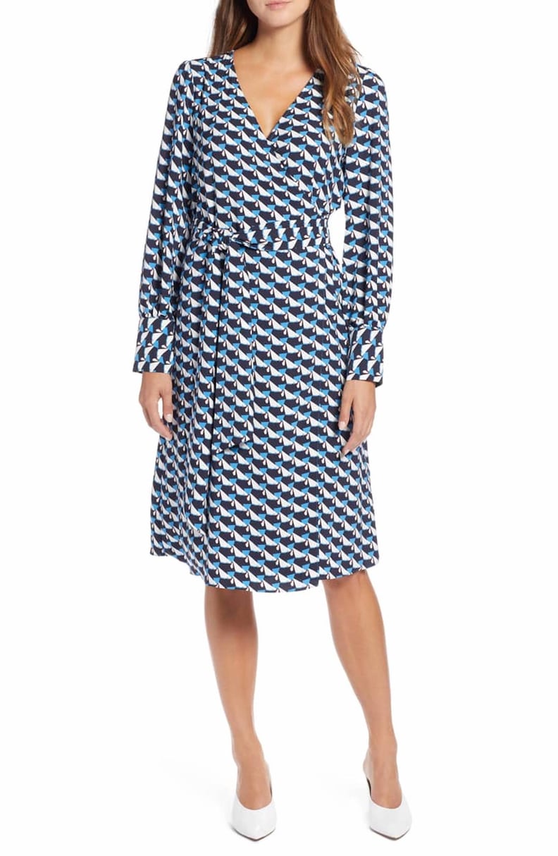 Halogen Wrap Dress in Blue-Ivory Geo Print
