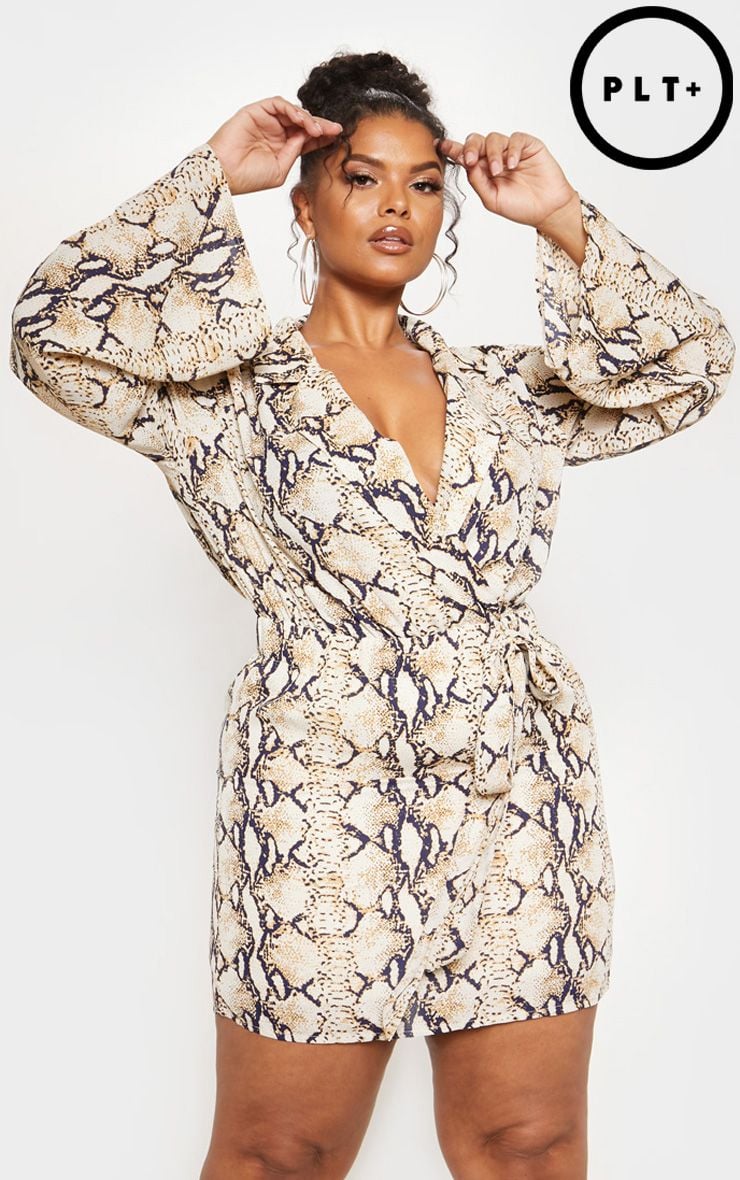 PrettyLittleThing Taupe Snake Tie Waist Shirt Dress