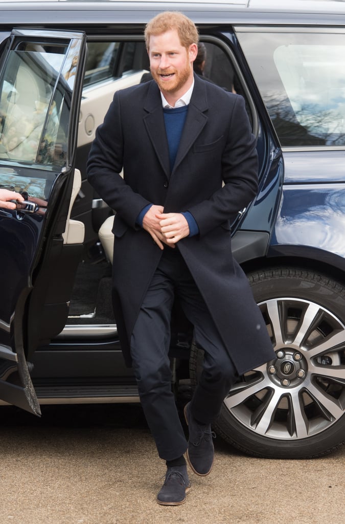 When he visited Cardiff castle in January 2018, Prince Harry opted for a long navy coat.