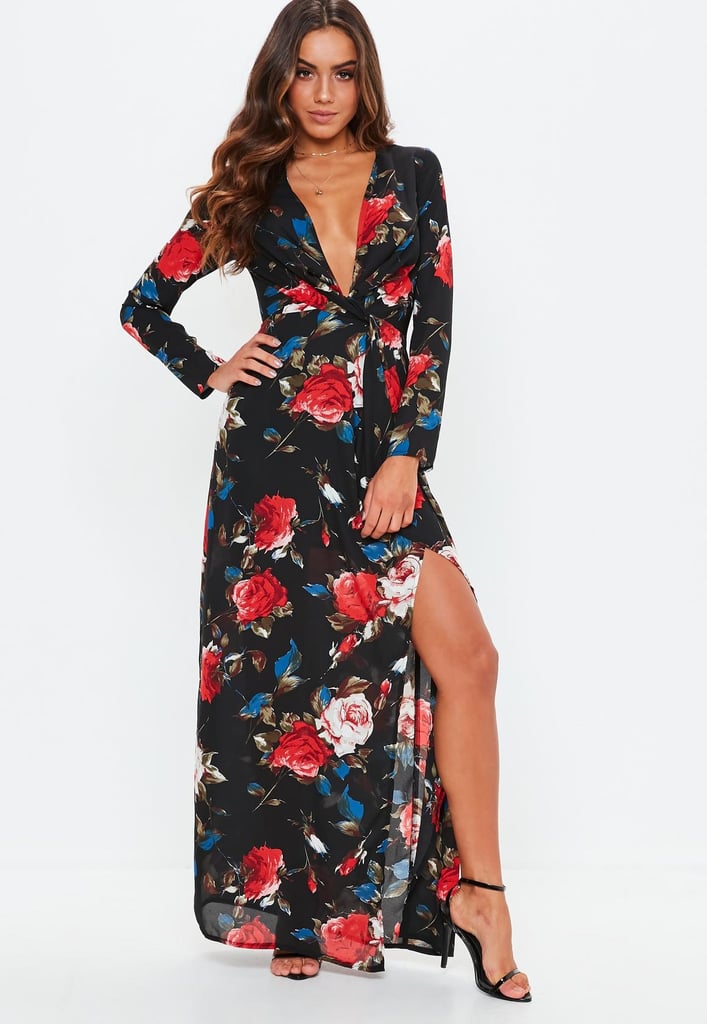 Missguided Black Floral Long Sleeve Twist Wrap Maxi Dress