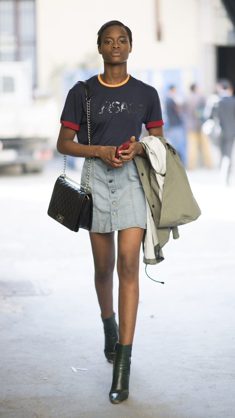 Aerobics Chic, Cropped Sweater, Denim Mini Skirt - THE STYLING