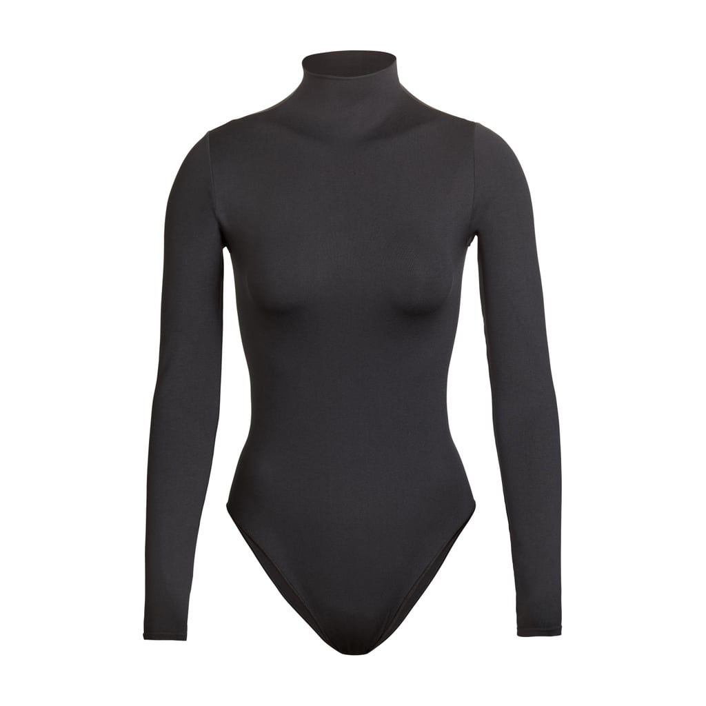 SKIMS Long Sleeve Mock Neck Bodysuit in Onyx | Kim Kardashian SKIMS