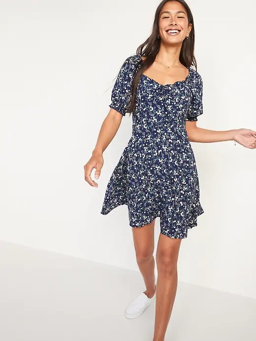 Old Navy Fit and Flare Puff-Sleeve Smocked Floral-Print Mini Dress