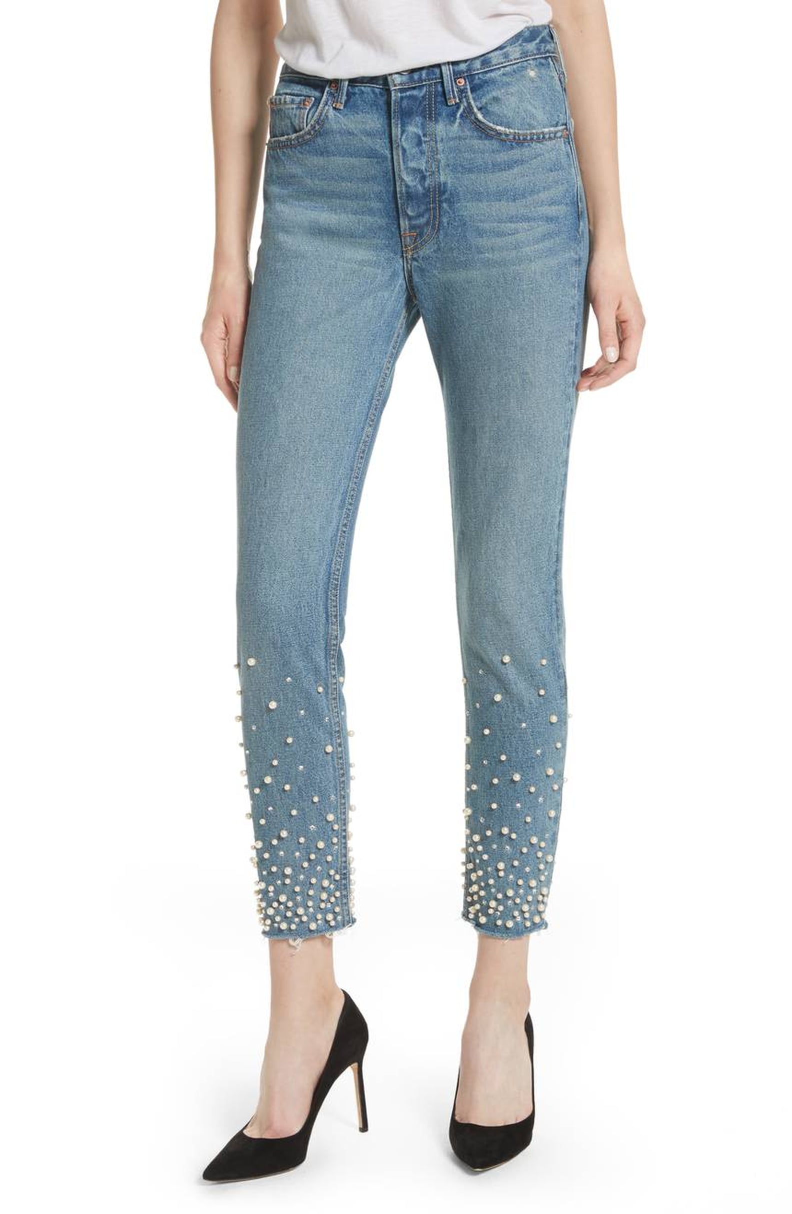 Embellished Jeans with Pearl Highlights - Blue