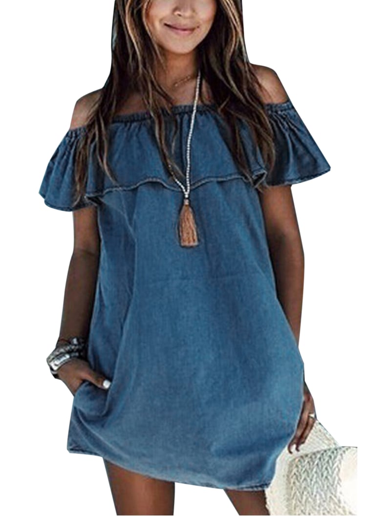 Himone Ruffle Off-Shoulder Mini Denim Dress