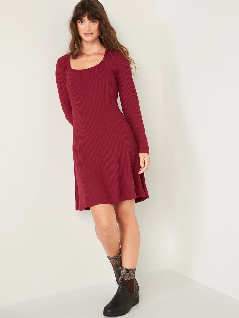 Old Navy Fit and Flare Rib-Knit Long-Sleeve Mini Dress